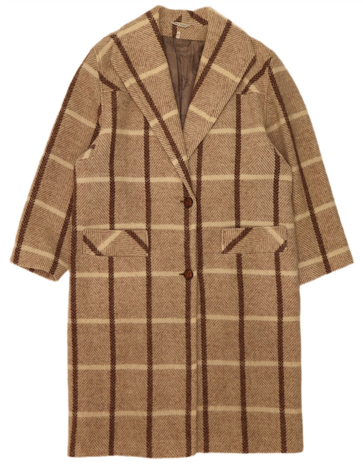 Abrigo Vintage de Mujer Sobredimensionado UK 14 Medio Beige a Cuadros de Lana