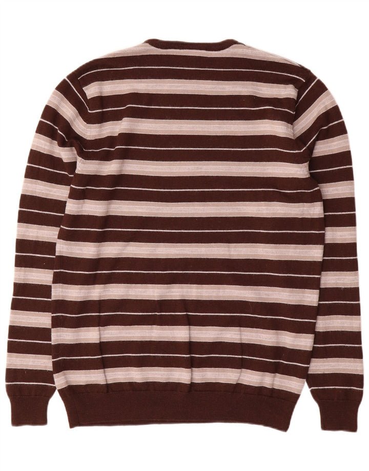 Lacoste Jersey de cuello redondo para hombre, talla 3, lana a rayas marrón pequeña