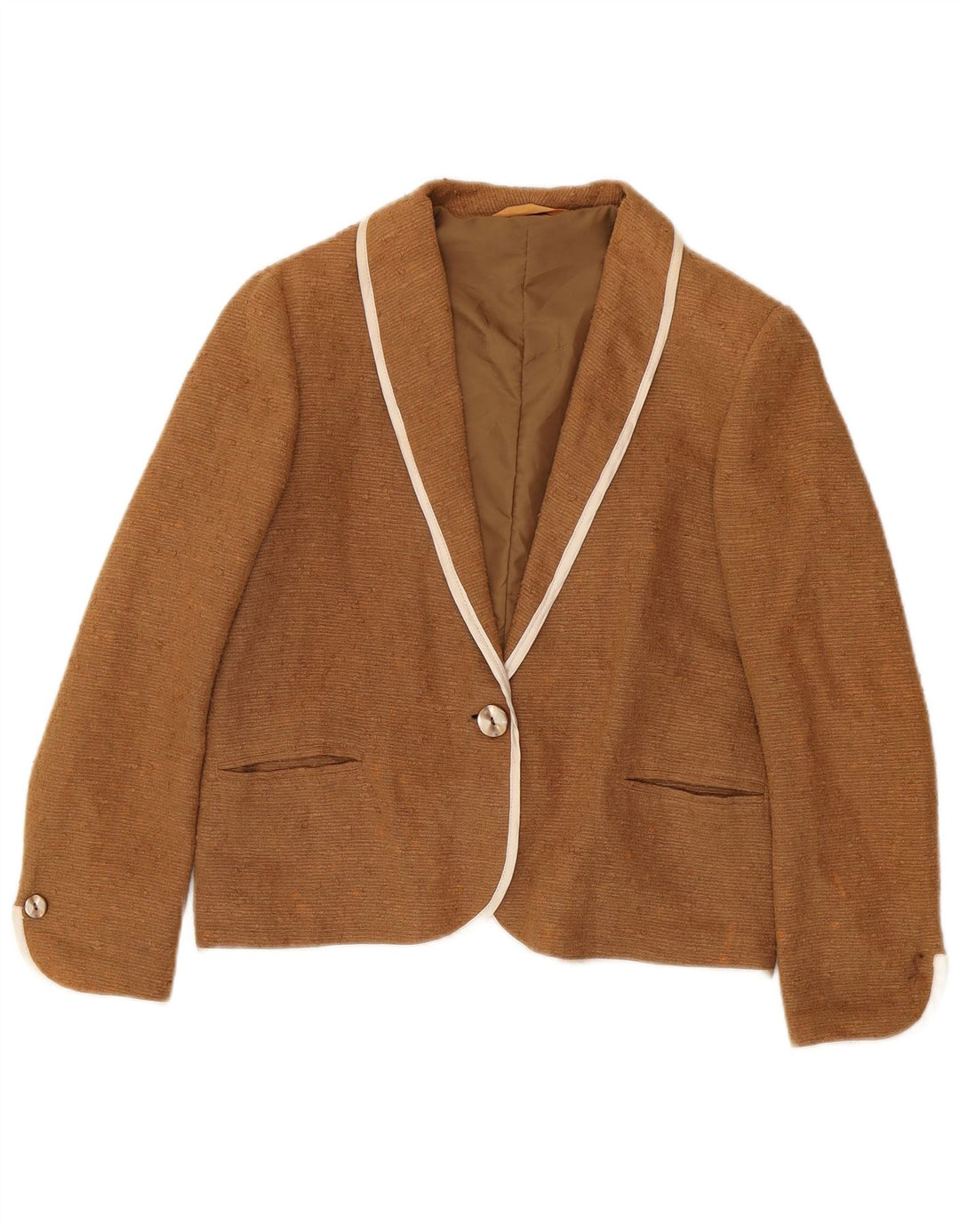 Vintage mujer 1 botón Blazer chaqueta Reino Unido 14 medio marrón ramio
