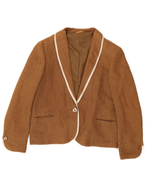 Vintage mujer 1 botón Blazer chaqueta Reino Unido 14 medio marrón ramio