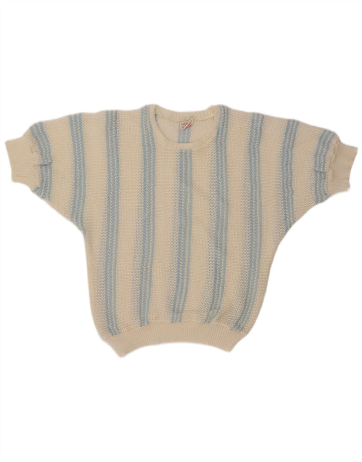 VINTAGE Mujer Barco Cuello Jumper Suéter Reino Unido 12 Medio Off Blanco Rayas