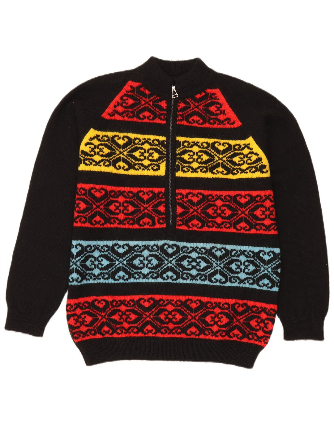 Vintage hombres zip cuello jumper suéter medio negro Fair Isle