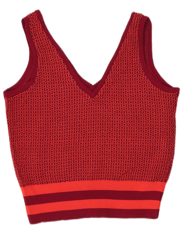 Zara Mujer Crop Knit Vest Top UK 10 Small Rojo Geométrico Viscosa