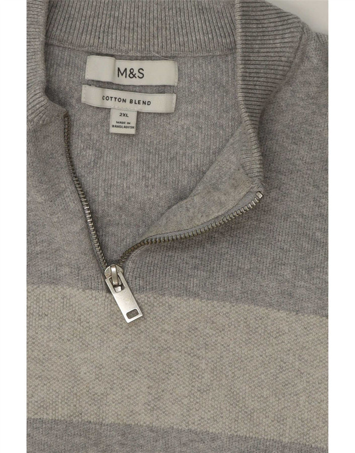 Marks & Spencer Jersey con cuello y cremallera para hombre, talla 2XL, algodón a rayas grises