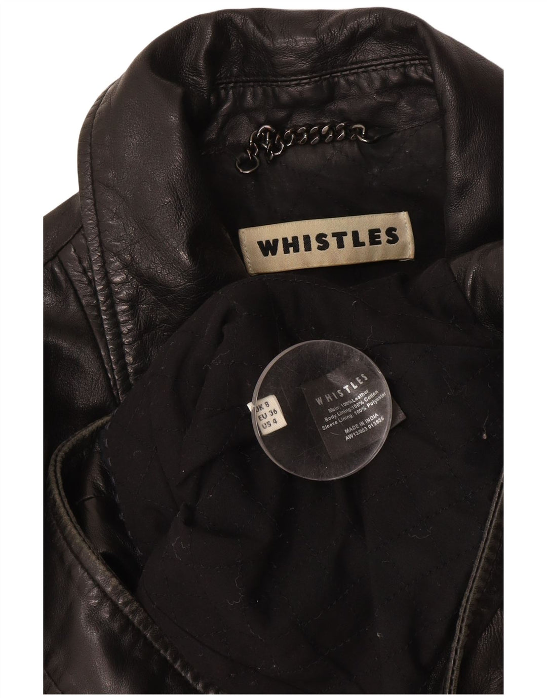 WHISTLES Chaqueta motera de cuero para mujer UK 8 Small Black Leather