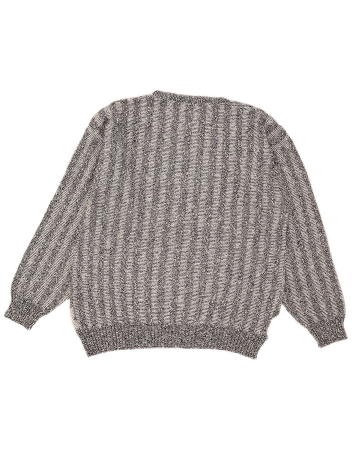 Vintage hombres cuello redondo jersey suéter IT 50 gris medio geométrico acrílico