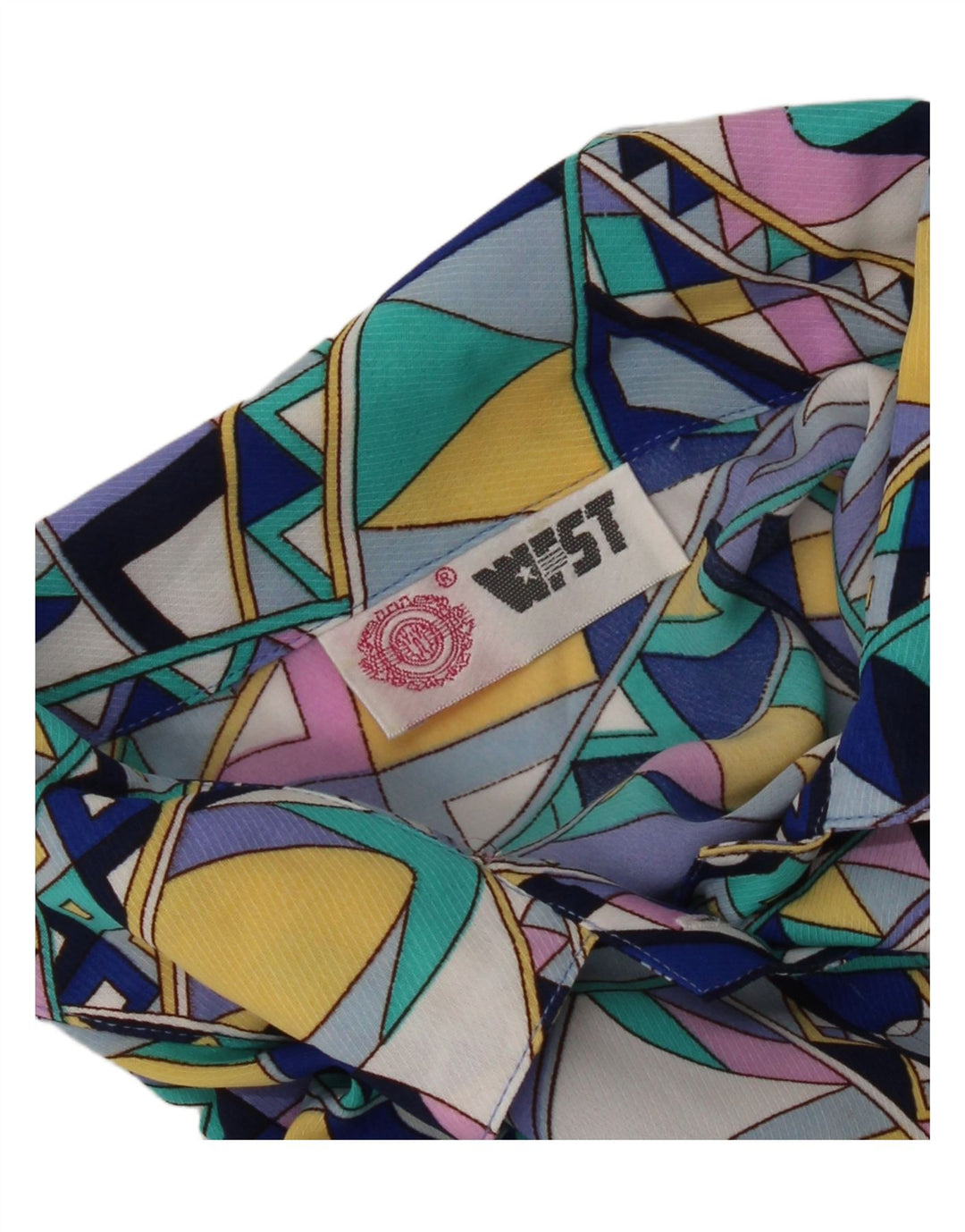 Vintage mujer camisa de manga corta Reino Unido 16 grande multicolor geométrico