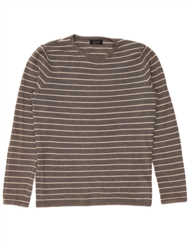 Zara Hombre Top Manga Larga Algodón Rayas Gris Pequeño