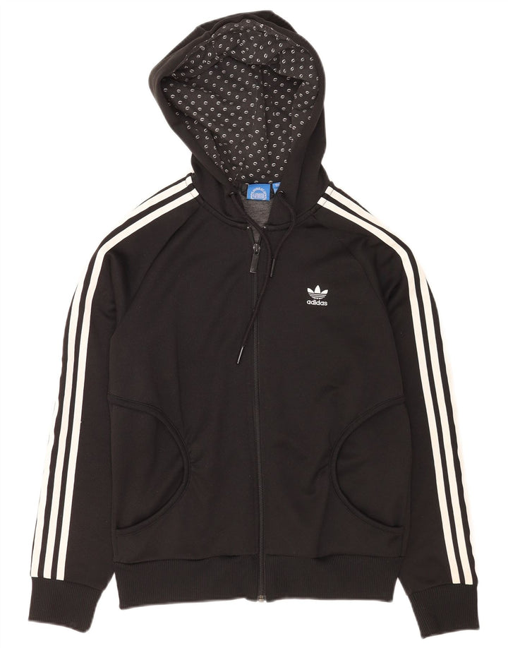 Adidas - Sudadera con capucha para mujer con cremallera gráfica, talla 40, poliéster negro mediano