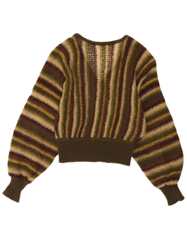 Vintage mujeres ver a través de V-cuello jumper suéter Reino Unido 14 grande caqui rayas