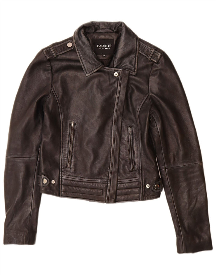 BARNEYS Chaqueta motera de cuero para mujer UK 10 Small Black Leather