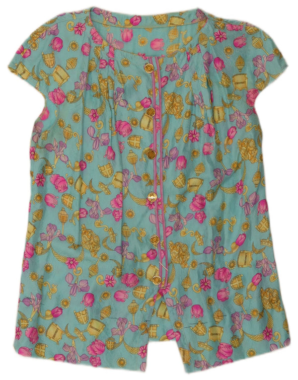 Vintage mujer camisa de manga corta blusa Reino Unido 10 pequeño floral turquesa