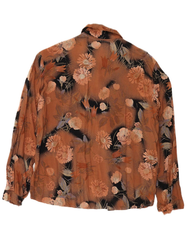 Vintage mujer camisa blusa Reino Unido 14 medio marrón floral viscosa