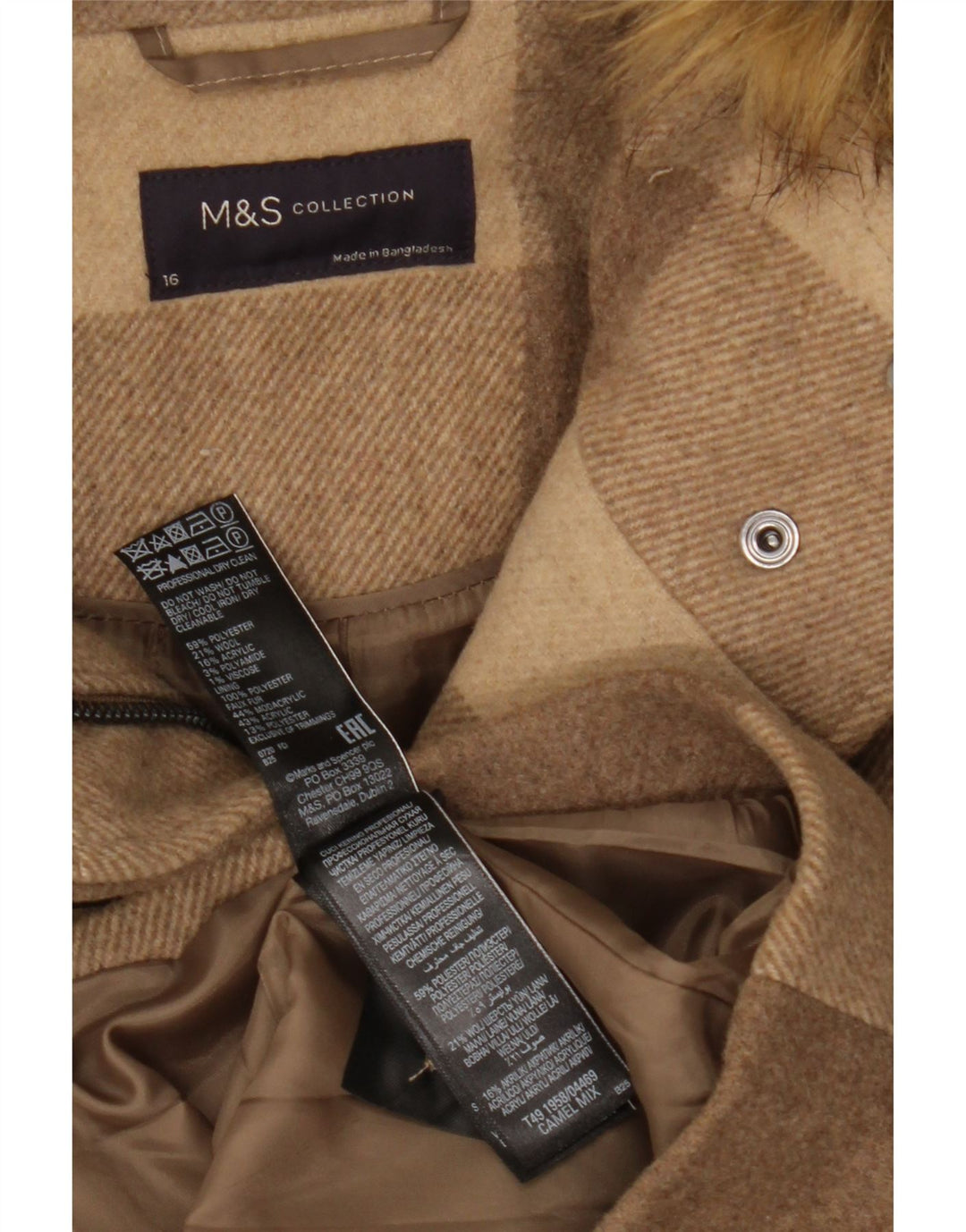 MARKS & SPENCER Trenca con capucha para mujer UK 46 Large Brown Check