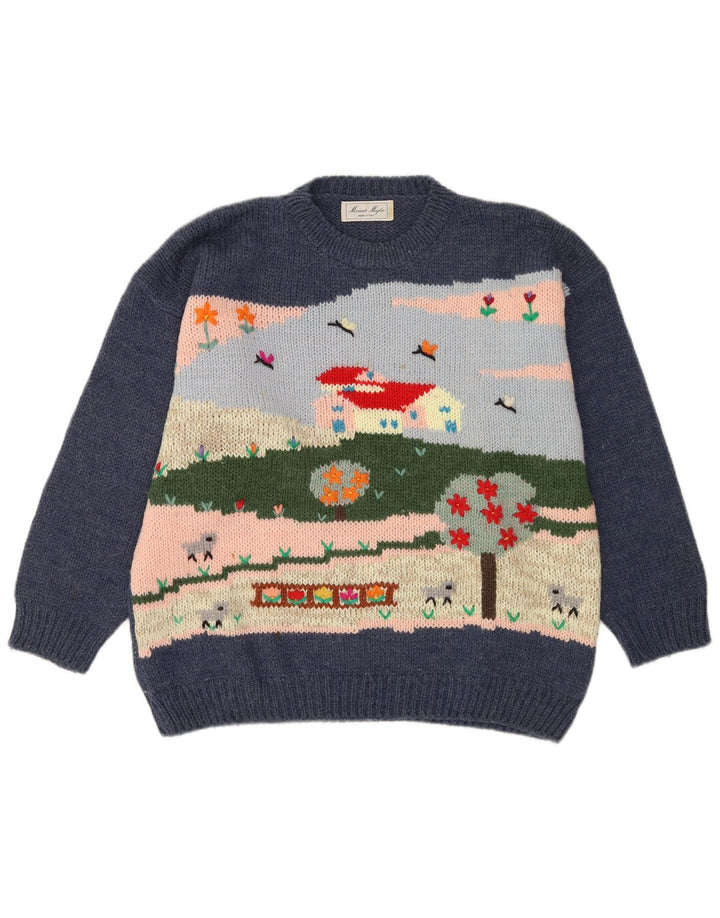 Vintage hombres gráfico cuello redondo jersey suéter grande lana azul marino