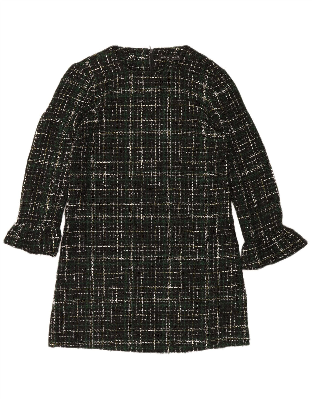 Zara Vestido recto de manga larga para mujer UK 44 Acrílico a cuadros verde medio