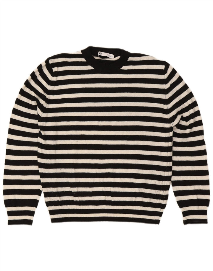 Zara Mujer Jersey De Cuello Redondo Jersey UK 44 Mediano Poliamida A Rayas Negra