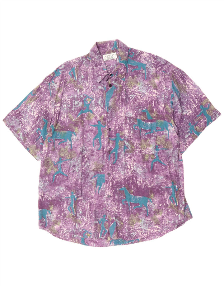 Vintage hombres patrón abstracto camisa de manga corta viscosa púrpura grande