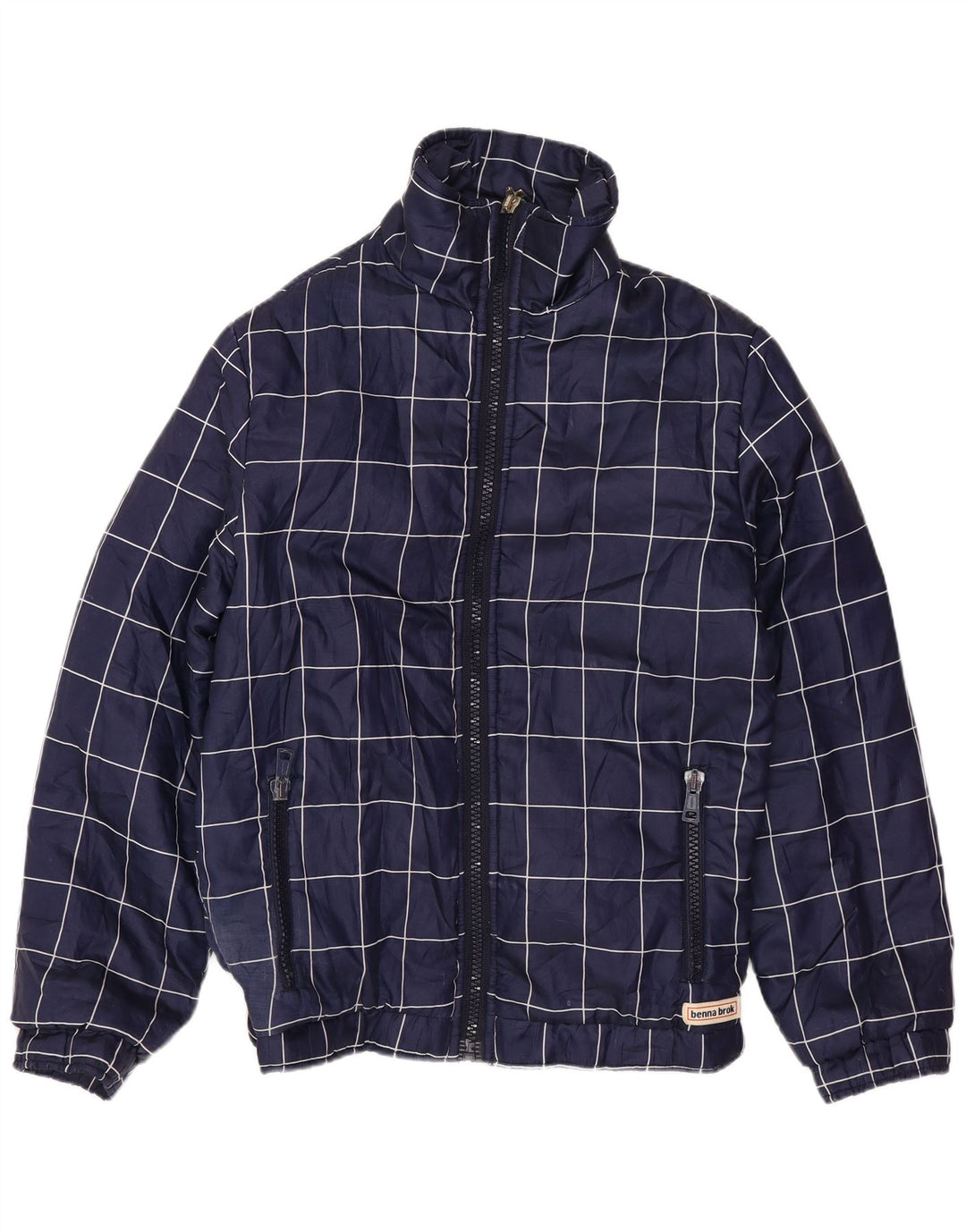 VINTAGE Mujer Bomber Chaqueta Reino Unido 14 Grande Azul Marino Check