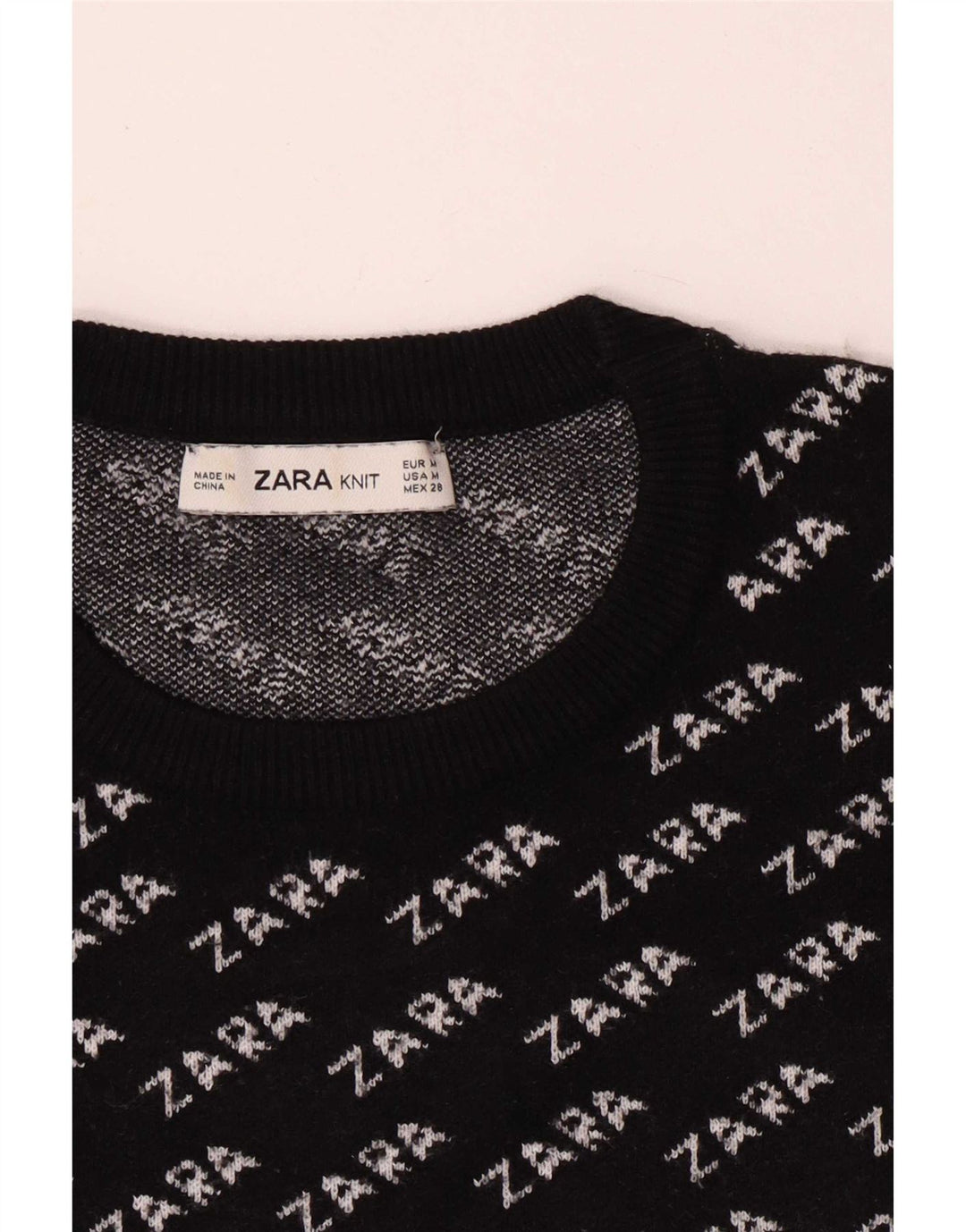 Zara Jersey con cuello redondo y gráfico para mujer, talla 44, talla M, color negro