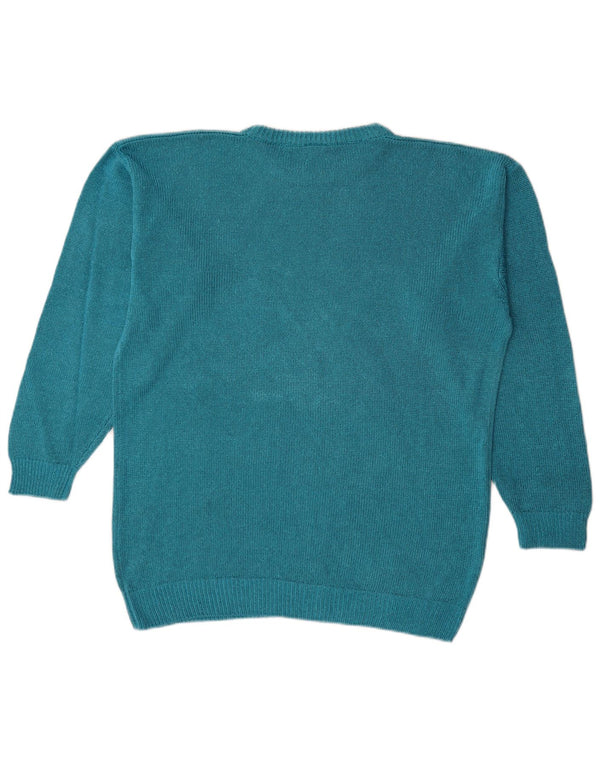 Vintage mujer gráfico oversized barco cuello jersey suéter Reino Unido 14 azul medio