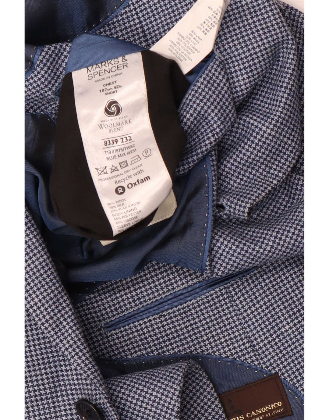 Marks & Spencer Chaqueta tipo blazer corta para hombre UK 42 Large Blue Houndstooth