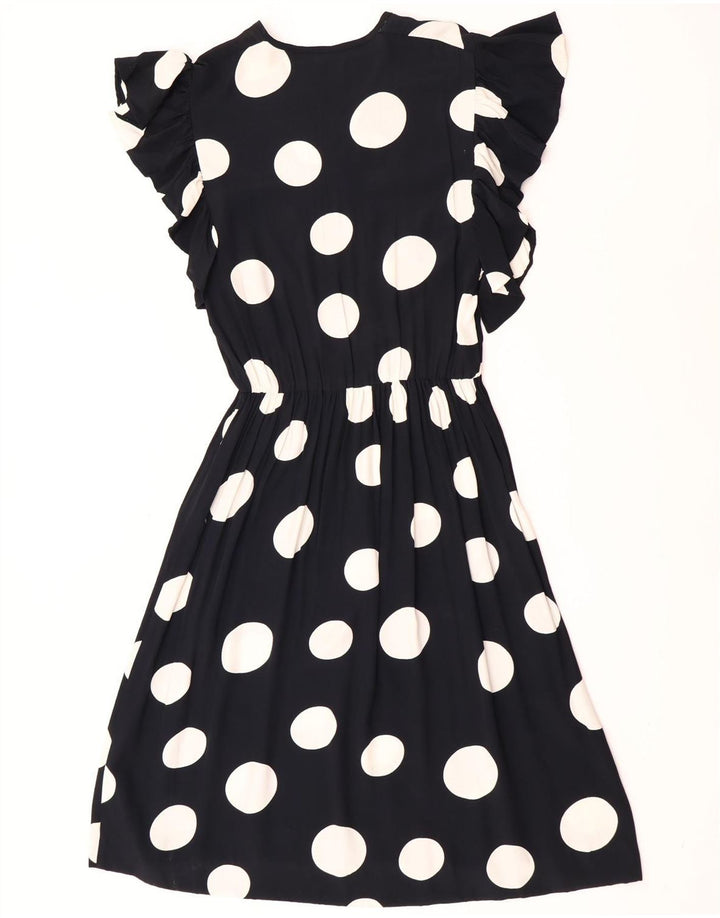 Vintage mujer A-Line vestido Reino Unido 12 medio negro lunares