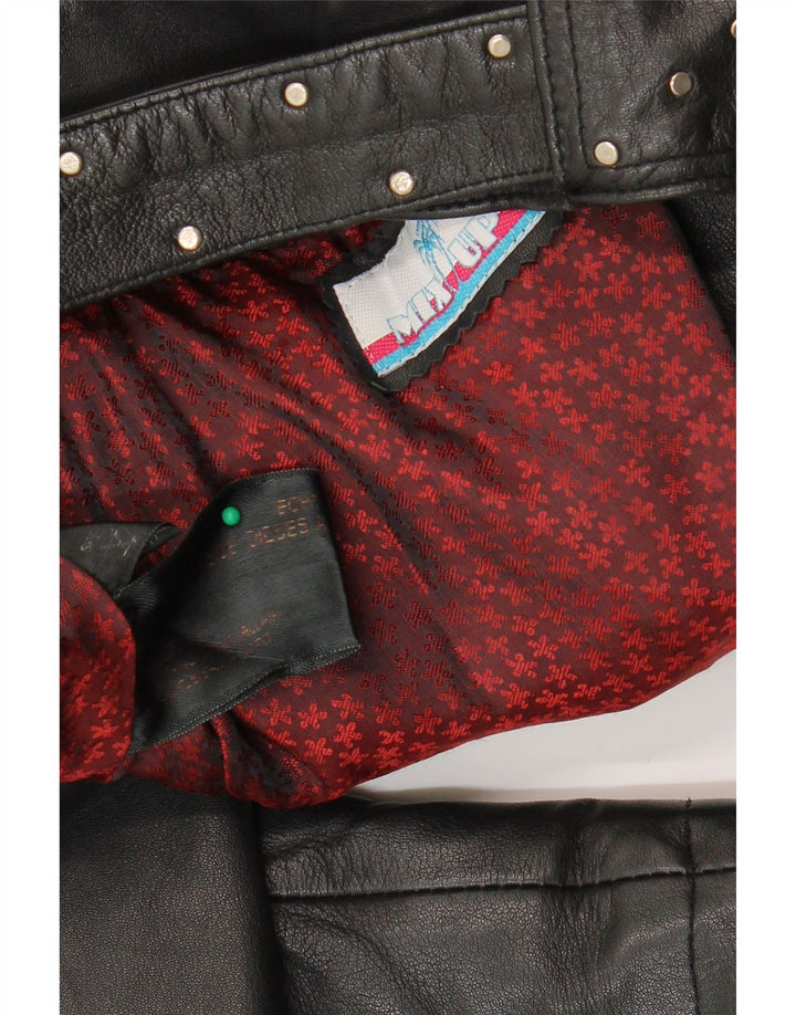 Vintage mujer crop cuero biker chaqueta Reino Unido 12 cuero negro medio