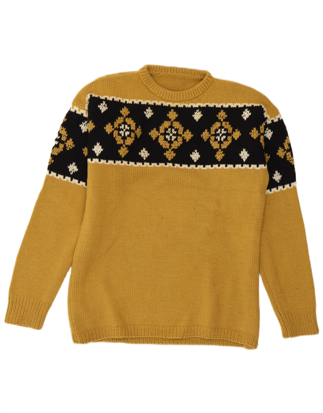 Vintage hombres cuello redondo jersey suéter medio amarillo Fair Isle