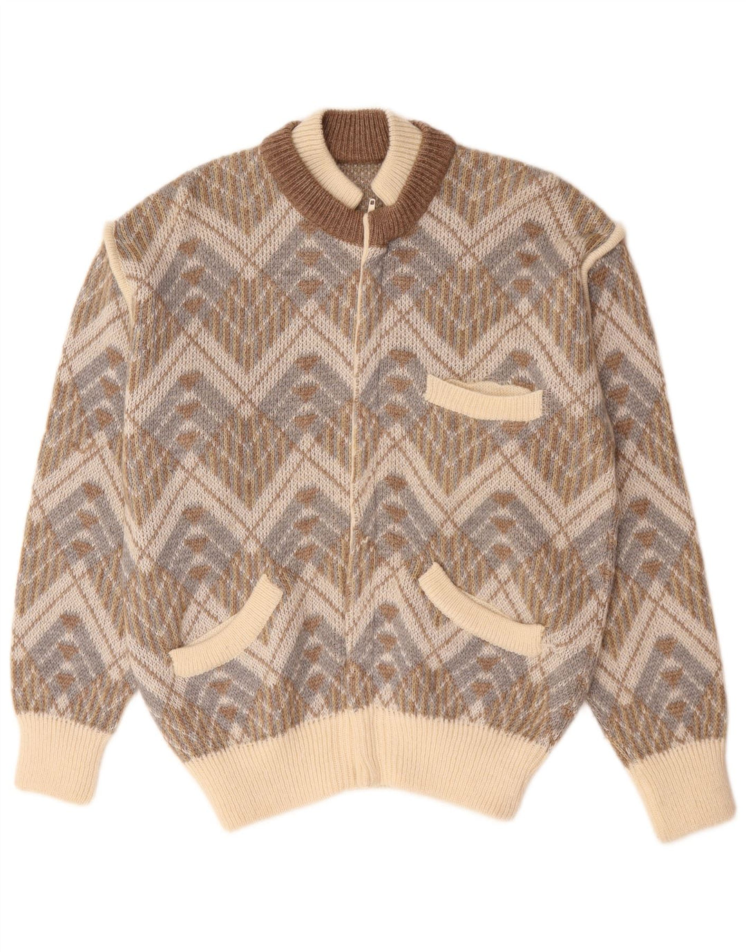 Vintage hombres Cardigan suéter grande beige geométrico
