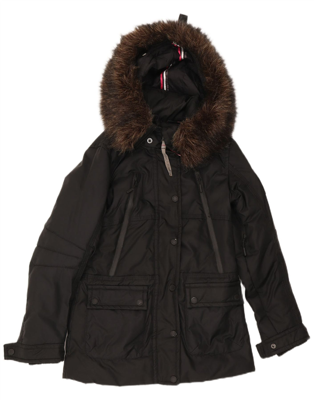 Superdry Mujer Chaqueta Acolchada Con Gráfico Y Capucha UK 40 Small Nylon Negro