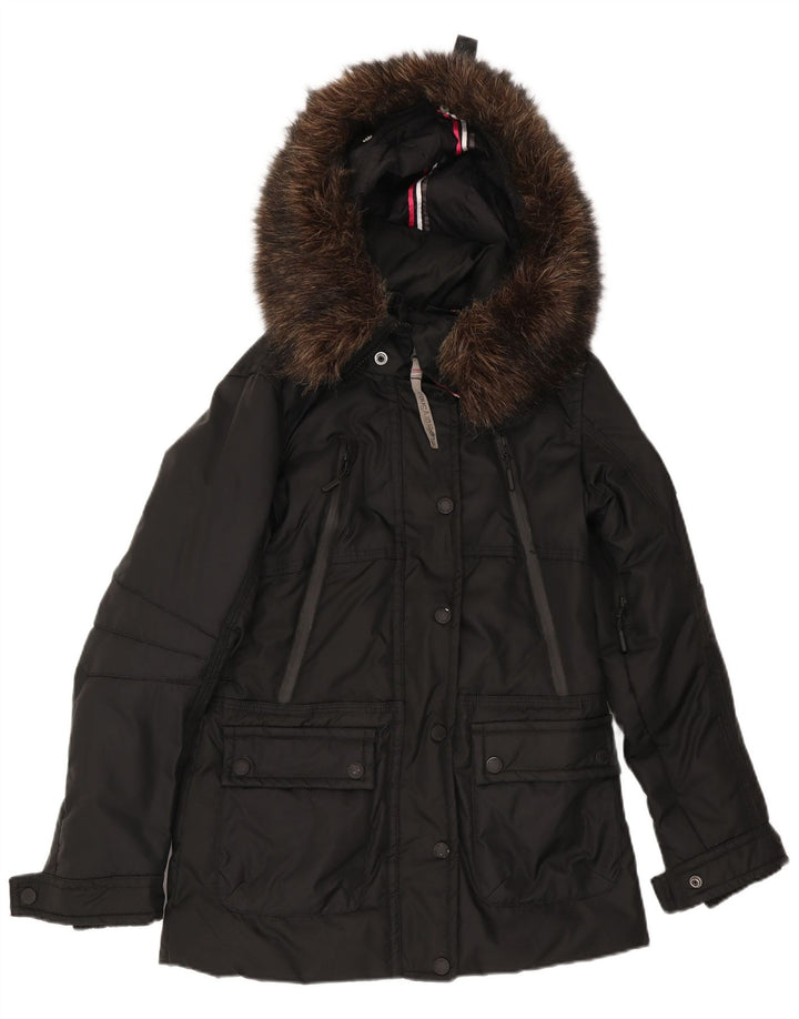 Superdry Mujer Chaqueta Acolchada Con Gráfico Y Capucha UK 40 Small Nylon Negro