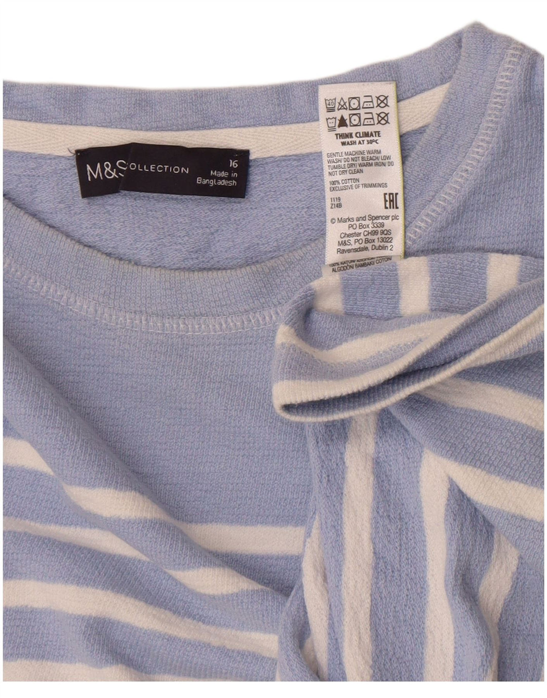 Marks & Spencer Top para mujer de manga larga UK 46 Grande Algodón a rayas azules