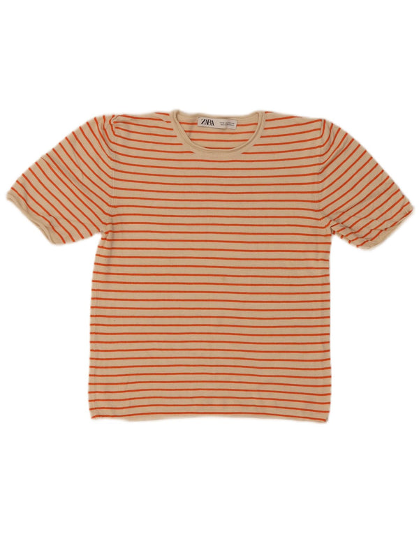 Zara Mujer Crop Camiseta Top UK 42 Viscosa Rayas Beige Medio