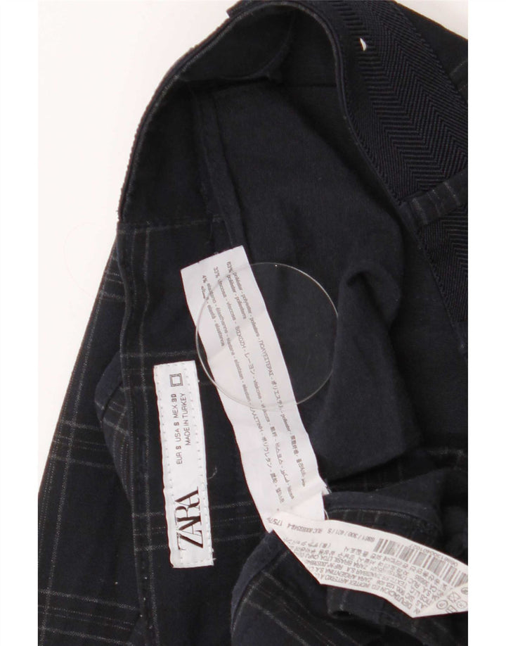 Zara Mens Slim Chino Pantalones Pequeño W30 L29 Azul Marino Cuadros Poliéster