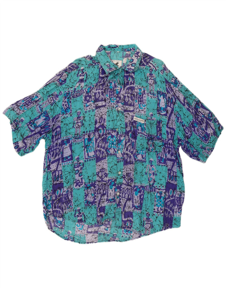 VINTAGE Camisa de manga corta para hombre XL Algodón patchwork azul