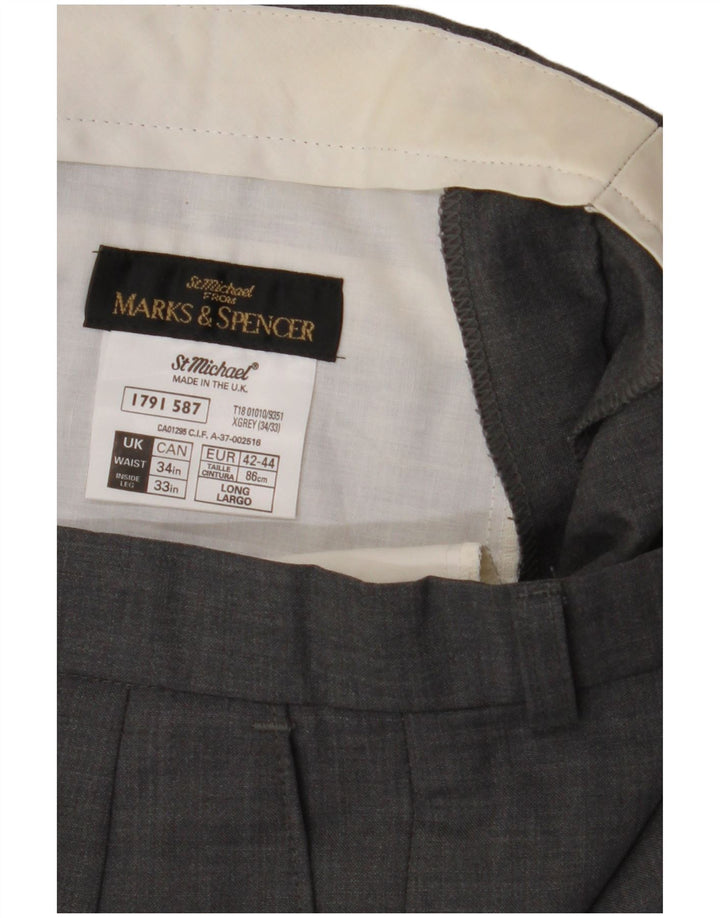 Marks & Spencer Pantalón de traje con pinzas para hombre W34 L33 Lana gris