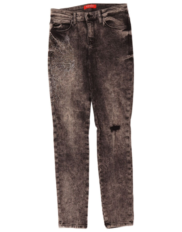 Guess Jeans Ajustados Desgastados Mujer W27 L31 Algodón Con Estampado Animal Gris