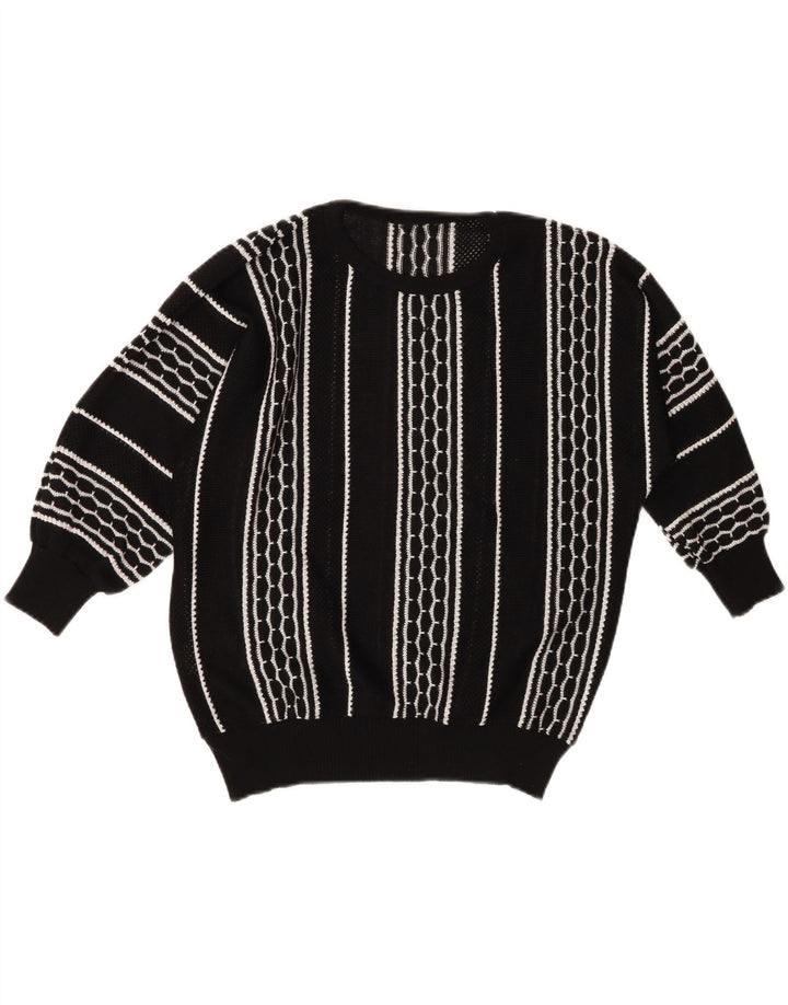 Vintage mujer barco cuello jersey suéter EU 46 XL negro rayas poliacrílico