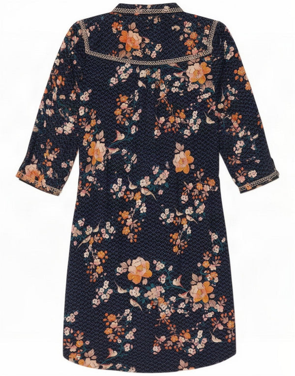 Monsoon Womens 3/4 Sleeve Shirt Dress UK 14 Large Navy Blue Floral Cotton