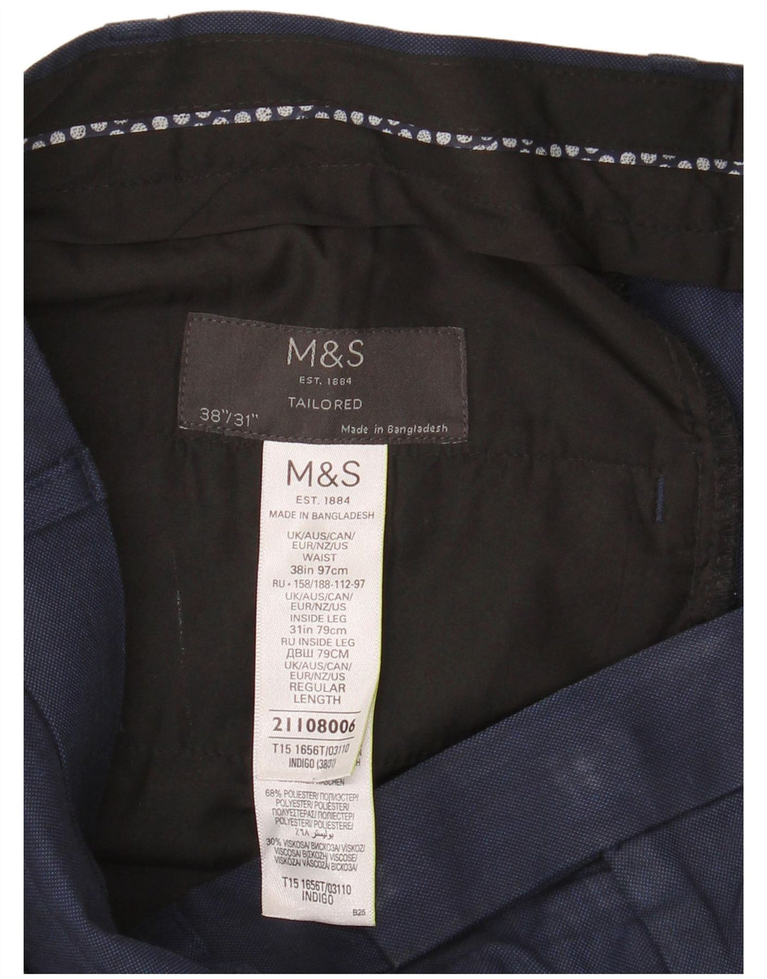 Marks & Spencer Pantalón de traje recto para hombre W38 L31 Poliéster azul marino