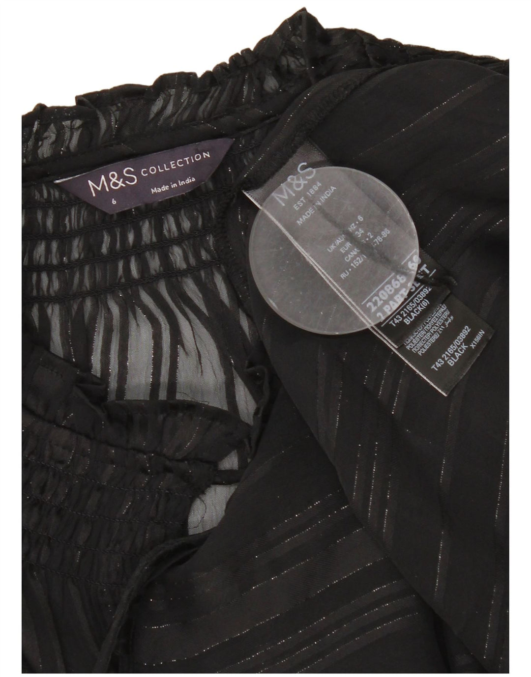 Marks & Spencer Top extragrande transparente de manga larga para mujer UK 6 XS Negro