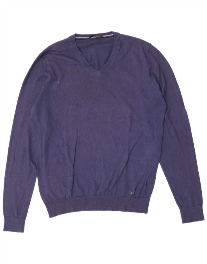 Gas Jersey con Cuello en V para Hombre Jersey Grande de algodón Azul