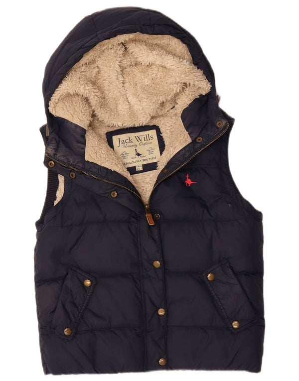 JACK WILLS Chaleco acolchado con capucha de gran tamaño para mujer UK 10 Small Azul marino