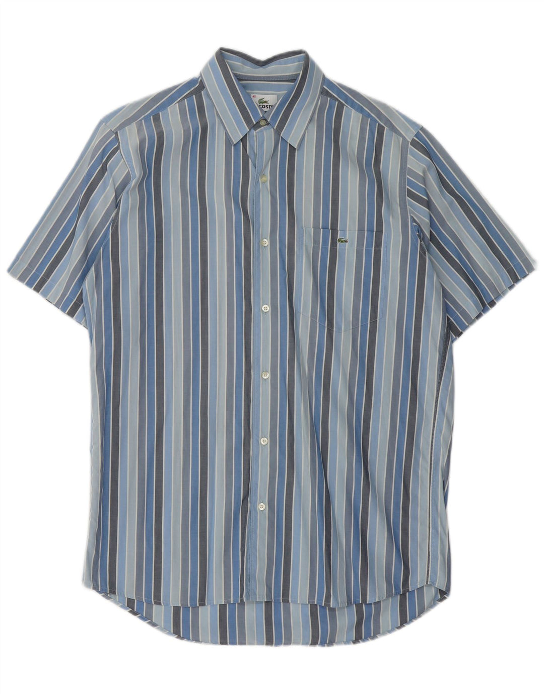 LACOSTE Camisa de manga corta para hombre Talla 40 Algodón de rayas azul medio