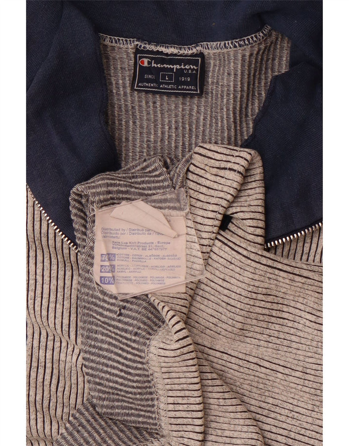 CHAMPION Camiseta con cuello y cremallera para hombre Top grande de algodón a rayas grises