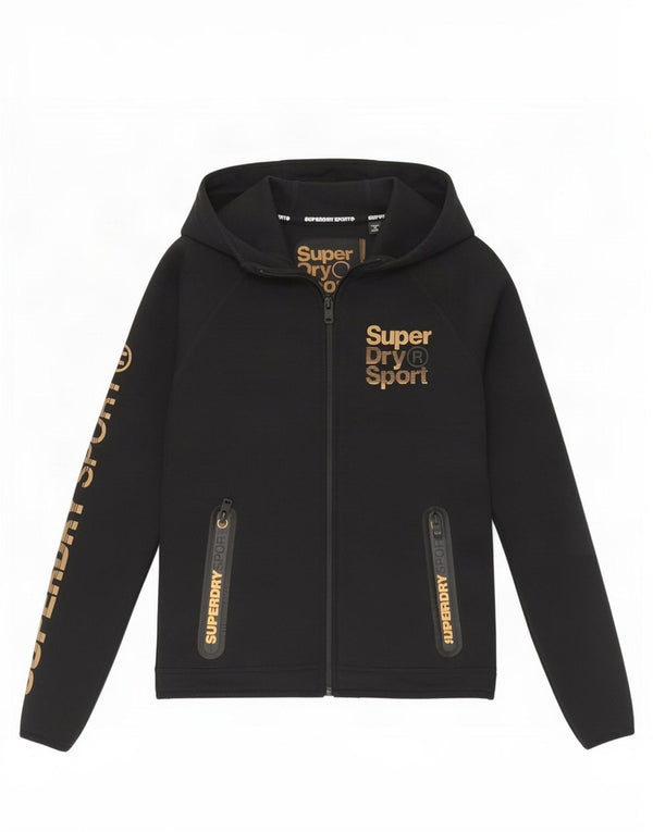Superdry Sudadera con capucha y cremallera de corte ajustado y gráfico para mujer, talla 8, color negro
