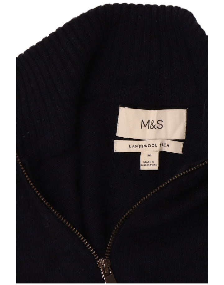 Marks & Spencer Suéter tipo jersey con cuello y cremallera para hombre de lana de cordero azul marino mediano