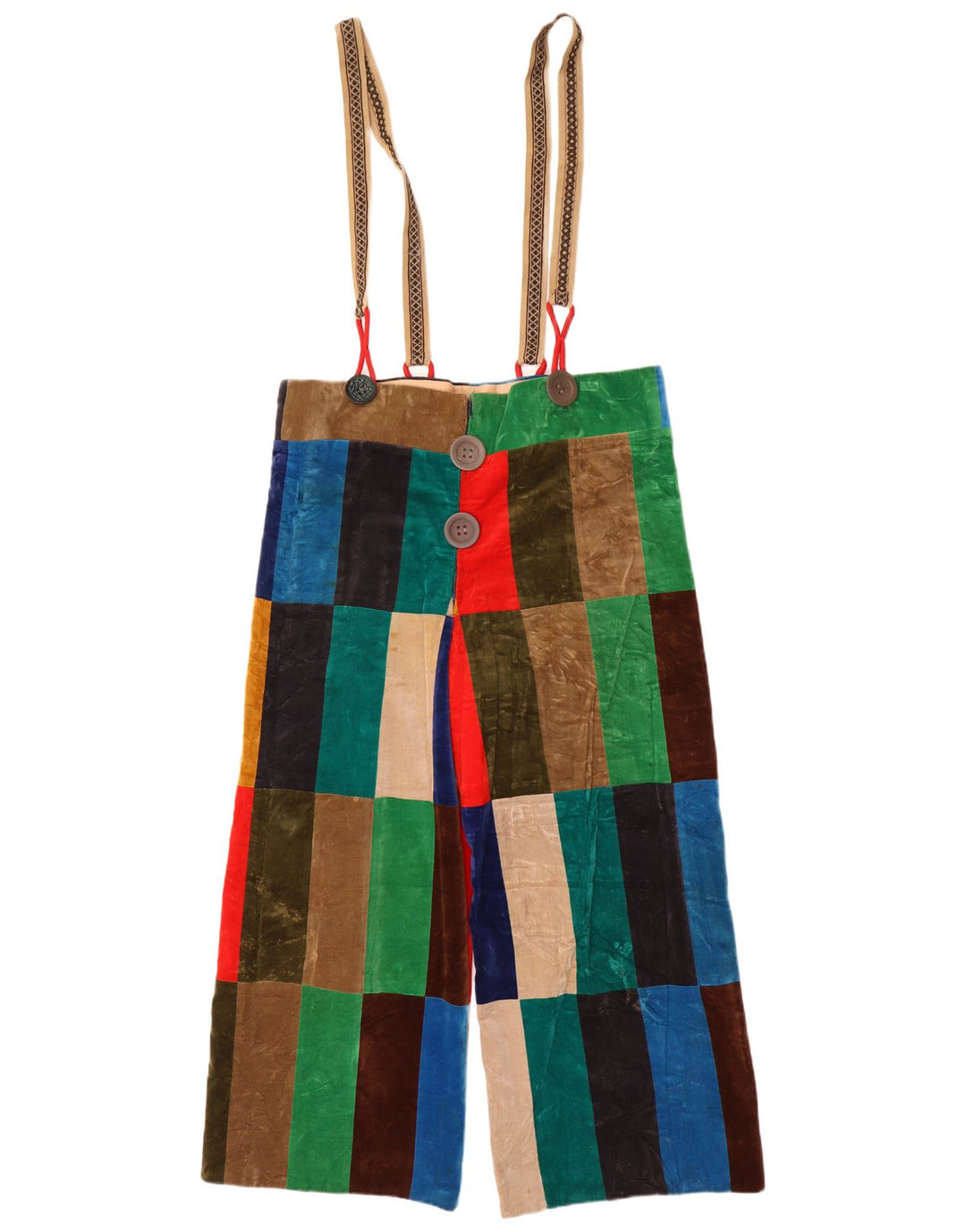 Vintage mujer terciopelo peto pantalones W26 L26 patchwork multicolor