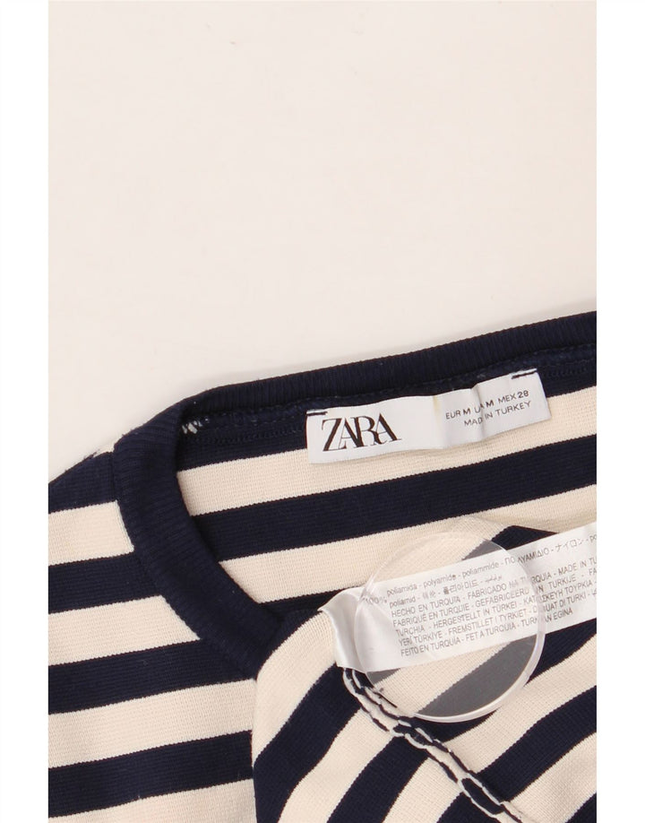 ZARA Mujer Crop Top Manga Larga UK 40 Mediano Poliamida A Rayas Azul Marino